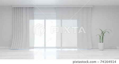 Stylish home living room with white sofa and glass doors with curtains 3d render illustration 74164914