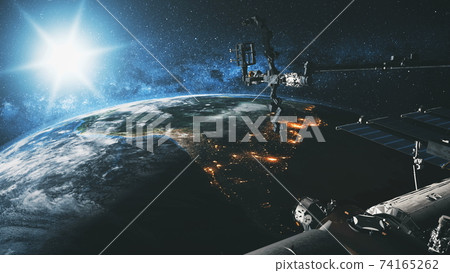 International Space Station Earth satellite with bright sun at cosmos over planet of Solar system International Space Station Earth satellite with bright sun at cosmos over planet of Solar system 74165262