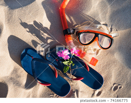 Swimming mask and flip-flops on sand background 74166775