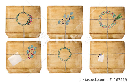 Beautiful drawing of boxes with gifts. Close-up 74167319