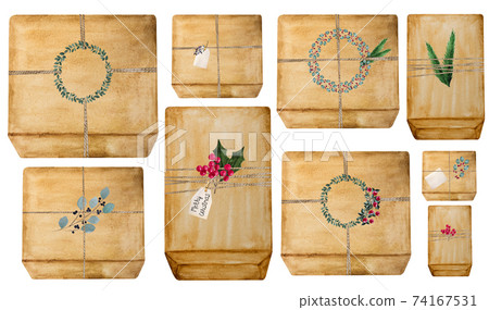Beautiful drawing of boxes with gifts. Close-up Beautiful drawing of boxes with gifts. Close-up 74167531