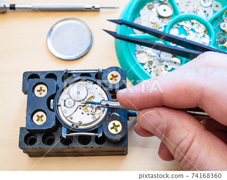 watchmaker fixes clockwork of watch by screwdriver watchmaker fixes clockwork of watch by screwdriver 74168360