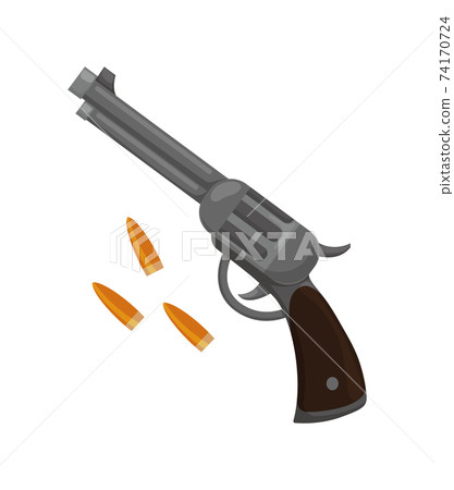 Wild west flat icon. Accessorie or object game and app ui icon. Revolver with bullets 74170724