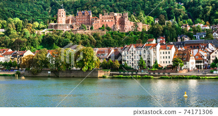 Landmarks of Germany - medieval Heidelberg town, view with castle 74171306