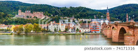 Impressive medieval town Heidelberg. view with famous castle and Karl Theodor Bridge , Germany Impressive medieval town Heidelberg. view with famous castle and Karl Theodor Bridge , Germany 74171316