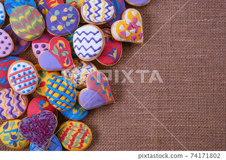 Homemade, freshly baked and decorated, colorful Easter cookies. Homemade, freshly baked and decorated, colorful Easter cookies. 74171802
