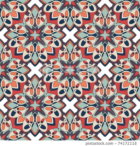 Tribal vector ornament. Seamless African pattern. Ethnic carpet with chevrons and triangles. Aztec style. Geometric mosaic with triangles on the tile. Ancient interior. Modern rug. Geo print 74172118