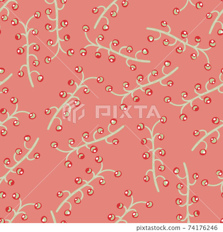Random seamless pattern with hand drawn berry branches ornament. Pastel pink background. Doodle artwork. 74176246