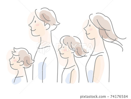 一張照片是一家四口排成一排，頭髮朝一個方向飄揚。 74176584