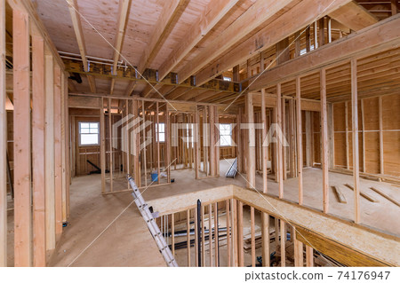 Under construction home framing interior view of house Under construction home framing interior view of house 74176947