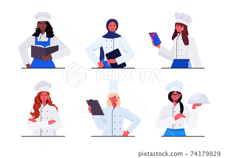 set female cooks in uniform beautiful women chefs cooking food industry concept 74179829