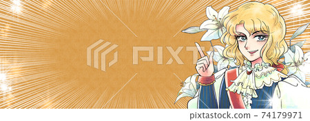 Showa girl cartoon style, prince pointing finger, beautiful man dressed as a man, flower background, banner style 74179971