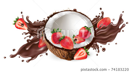 Splash of liquid chocolate and fresh coconut with strawberries. 74183220