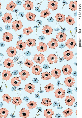 [Hand-painted floral pattern] Cute pedicel Light blue background Orange textile Seamless 74184459