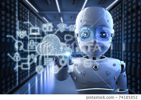 Cloud computing technology with cute robot Cloud computing technology with cute robot 74185852