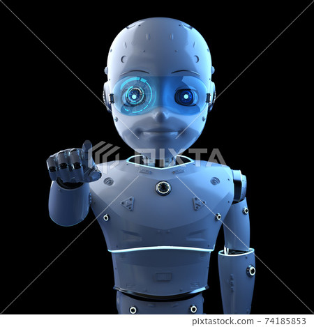 Cute robot with cartoon character finger point Cute robot with cartoon character finger point 74185853