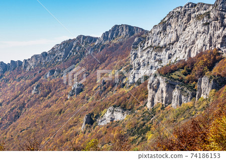 French countryside. Col de la Bataille: view of the heights of the Vercors, the marly hills and the valley Val de Drome 74186153