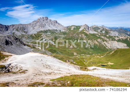 Mountain landscape view from the Petit Mont Blanc in Pralognan la Vanoise, French alps 74186294