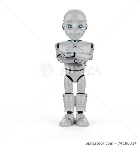 Cute robot with cartoon character folded arms Cute robot with cartoon character folded arms 74186314