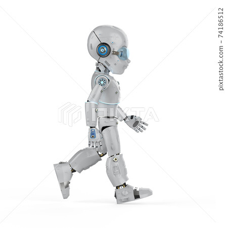 Cute robot with cartoon character walk 74186512