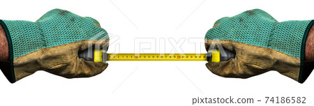 Hands with Protective work gloves Holding a Tape Measure Isolated on White Hands with Protective work gloves Holding a Tape Measure Isolated on White 74186582