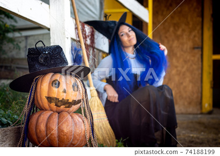 In the foreground is a figurine of pumpkins, in the background a witch sits by the fence 74188199