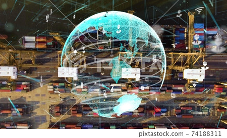 Shipping harbor aerial view with graphic of network technology m 74188311