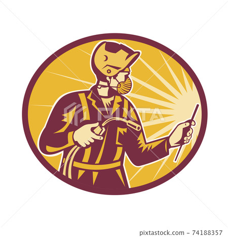 Welder Wearing Face Mask Holding Welding Torch Retro 74188357