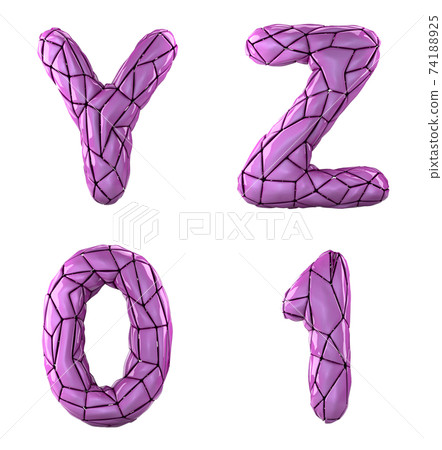 Realistic 3D letters set Y, Z, 0, 1 made of low poly style. Collection symbols of low poly style pink color plastic isolated on white background 74188925