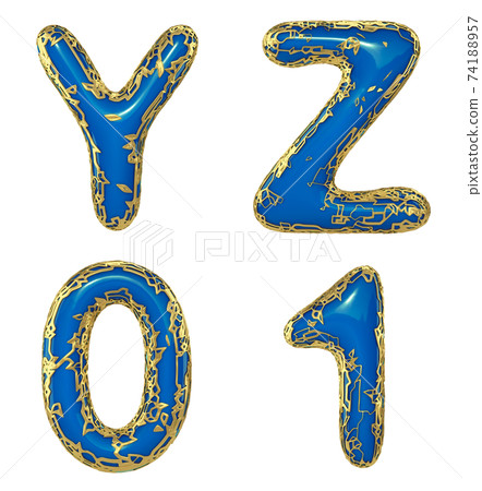 Realistic 3D letters set Y, Z, 0, 1 made of gold shining metal letters. 74188957