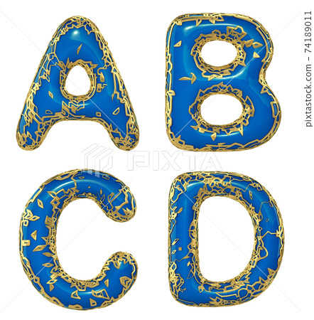Realistic 3D letters set A, B, C, D made of gold shining metal letters. 74189011