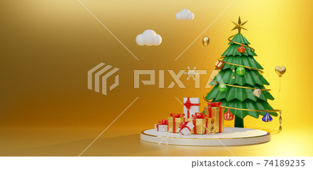 Podium and Christmas tree with gift box and ornaments in Gold composition for modern stage display and minimalist mockup ,Concept Christmas and a festive New Year, 3d illustration or 3d render 74189235