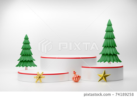 Podium empty and Christmas tree with gift box... - Stock Illustration ...