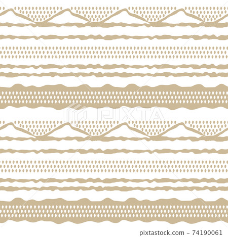 Beige abstract cute horizontal Seamless repeat border pattern. Random rough, twisted part of triangles or broken lines, zigzags, circles or big dots shapes. Hand drawn effect on white background 74190061