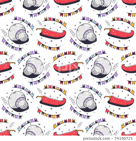 Hot peppers and mushrooms. Seamless pattern on a white background. Cute vector illustration. 74190725