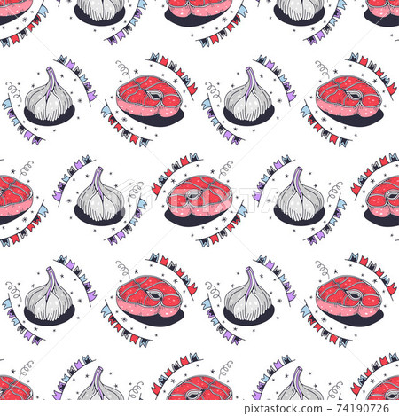 Garlic and meat. Seamless pattern on a white background. Cute vector illustration. Garlic and meat. Seamless pattern on a white background. Cute vector illustration. 74190726