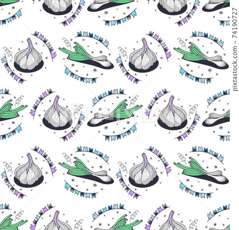 Garlic and green onions. Seamless pattern on a white background. Cute vector illustration. Garlic and green onions. Seamless pattern on a white background. Cute vector illustration. 74190727