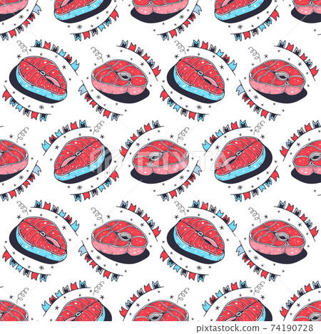 Fish steaks and meat. Seamless pattern on a white background. Cute vector illustration. Fish steaks and meat. Seamless pattern on a white background. Cute vector illustration. 74190728