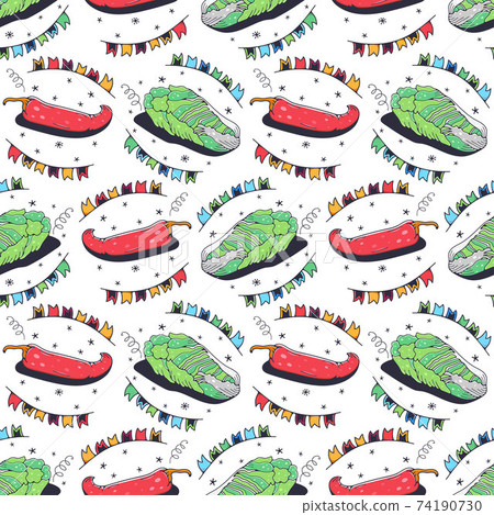Chinese cabbage and hot pepper. Seamless pattern on a white background. Cute vector illustration. Chinese cabbage and hot pepper. Seamless pattern on a white background. Cute vector illustration. 74190730