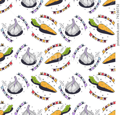 Carrots and garlic. Seamless pattern on a white background. Cute vector illustration. Carrots and garlic. Seamless pattern on a white background. Cute vector illustration. 74190732