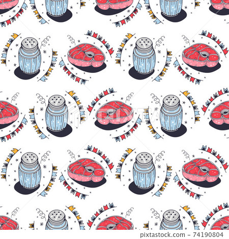 Salt shakers and meat. Seamless pattern on a white background. Cute vector illustration. Salt shakers and meat. Seamless pattern on a white background. Cute vector illustration. 74190804