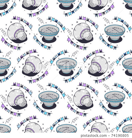 Mushrooms and bowls of noodles. Seamless pattern on a white background. Cute vector illustration. Mushrooms and bowls of noodles. Seamless pattern on a white background. Cute vector illustration. 74190805