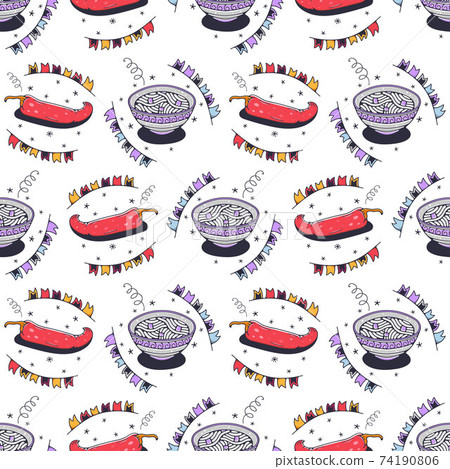 Hot peppers and bowls of noodles. Seamless pattern on a white background. Cute vector illustration. Hot peppers and bowls of noodles. Seamless pattern on a white background. Cute vector illustration. 74190806