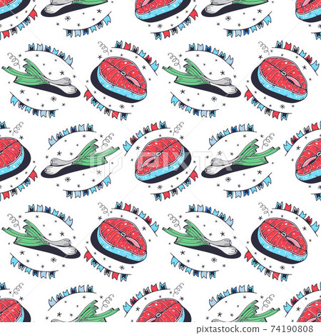 Fish steaks and green onions. Seamless pattern on a white background. Cute vector illustration. Fish steaks and green onions. Seamless pattern on a white background. Cute vector illustration. 74190808