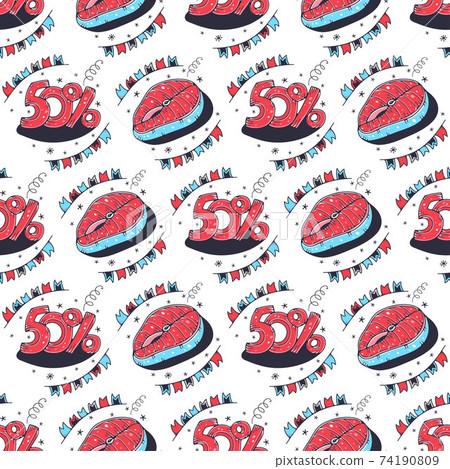 Fish steak and 50%. Seamless pattern on a white background. Cute vector illustration. 74190809