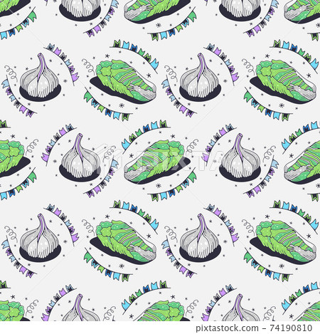 Chinese cabbage and garlic. Seamless pattern on a white background. Cute vector illustration. Chinese cabbage and garlic. Seamless pattern on a white background. Cute vector illustration. 74190810