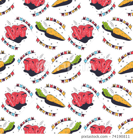 Carrots and 10%. Seamless pattern on a white background. Cute vector illustration. Carrots and 10%. Seamless pattern on a white background. Cute vector illustration. 74190811