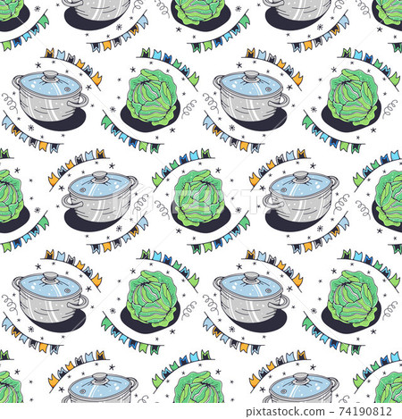 Cabbage and saucepans. Seamless pattern on a white background. Cute vector illustration. Cabbage and saucepans. Seamless pattern on a white background. Cute vector illustration. 74190812