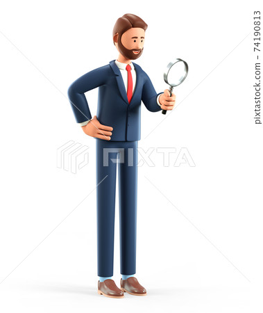 3D illustration of cute smiling man looking through a magnifying glass and searching for information.  74190813