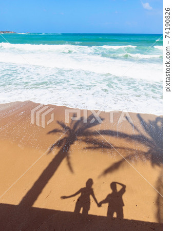Pristine tropical beach with shadows from palm trees and happy couple on the sand. 74190826